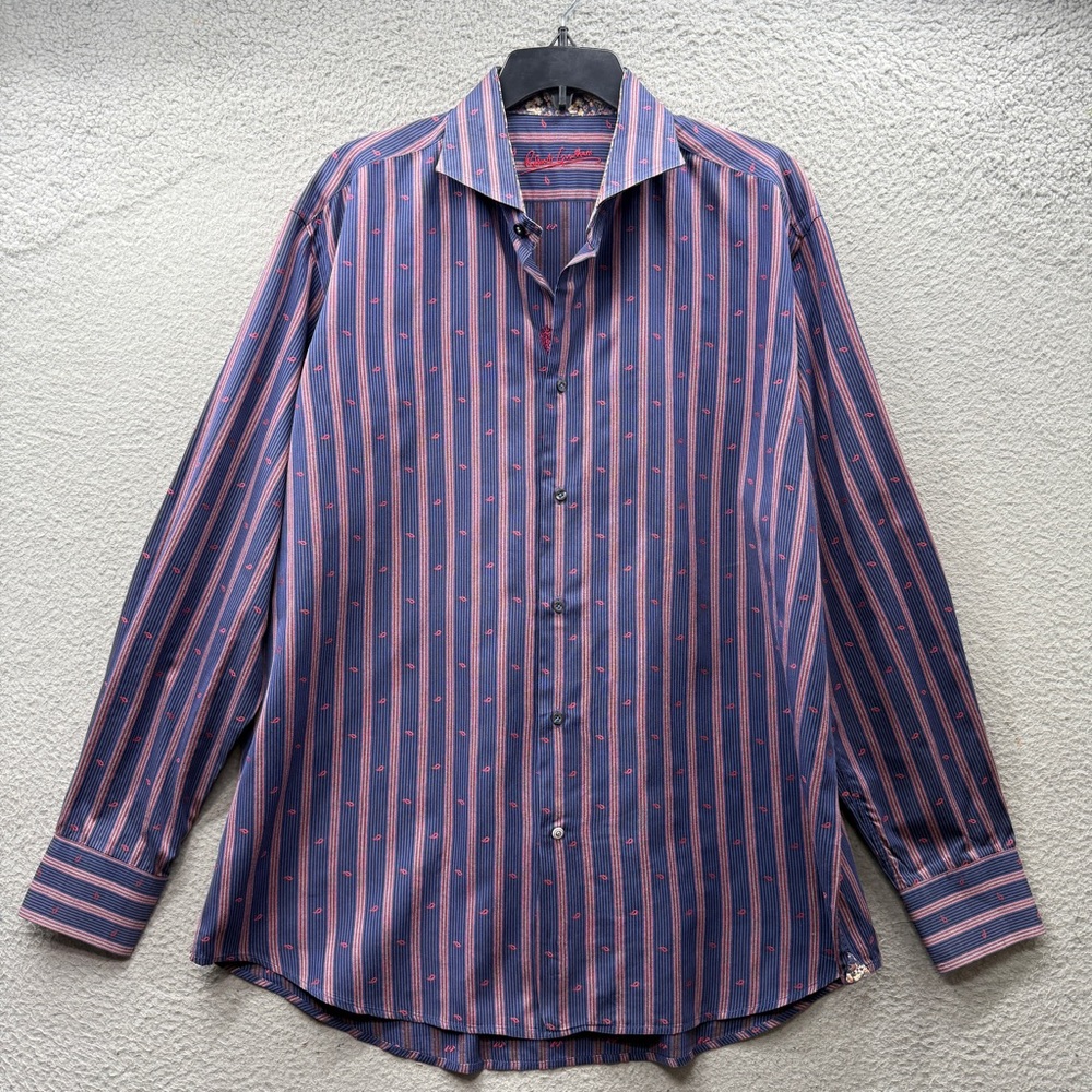 Robert Graham Men’s Stripe Button Up Dress Shirt Blue Red Floral Cuff Size 44/XL